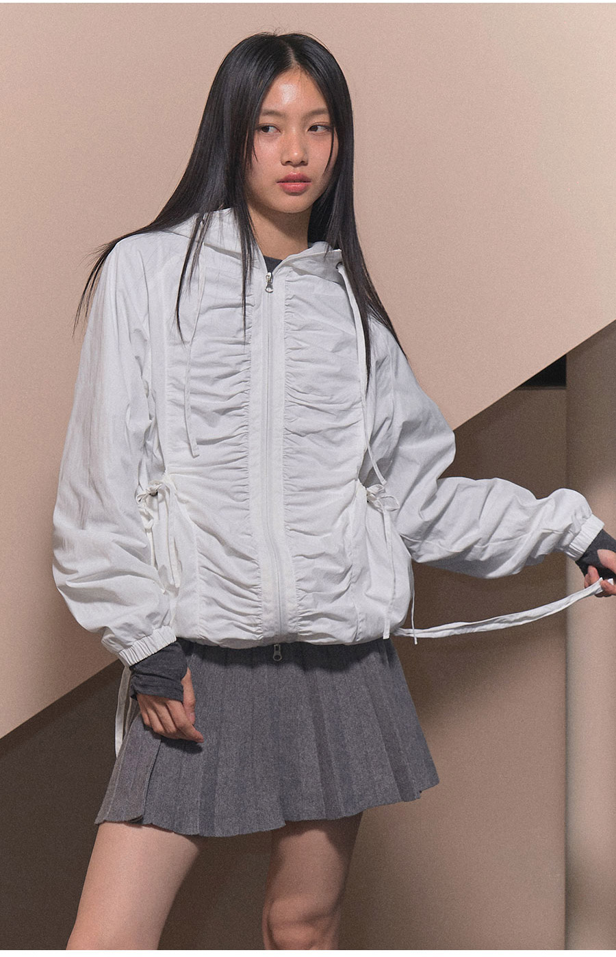 [RIBBON SHIRRING WINDBREAKER] リボンシャーリングウィンドブレーカー / BURGUNDY_CHARCOAL _IVORY