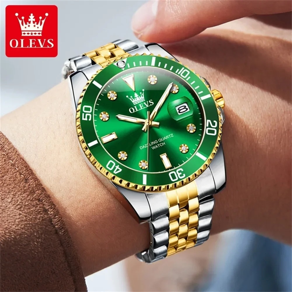 Olevs-男性用防水クォーツ時計,グリーン,ステンレススチールストラップ,ダイヤモンドスケール,オリジナル,ラグジュアリー,新品 mdprevattcaulkingandwaterproofing.com