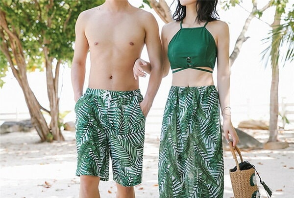 パレオ 緑 ボタニカル ビキニ ハイネック水着 カップル ペアルック 体型カバー 3点セット ハイウエスト 海パン ハーフパンツ スイムショーツ メンズ パッド付 大きいサイズ レディース かわいい