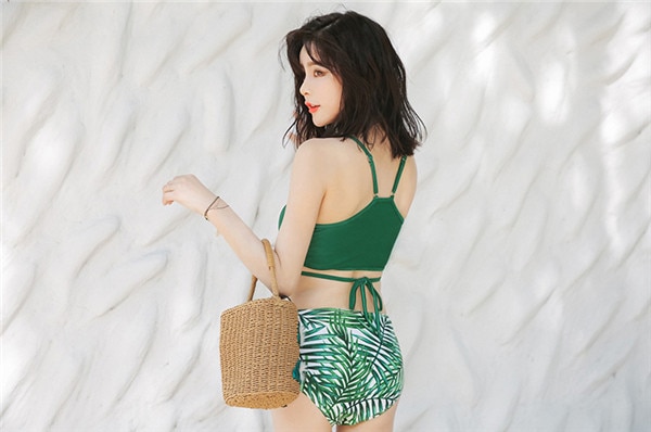 パレオ 緑 ボタニカル ビキニ ハイネック水着 カップル ペアルック 体型カバー 3点セット ハイウエスト 海パン ハーフパンツ スイムショーツ メンズ パッド付 大きいサイズ レディース かわいい