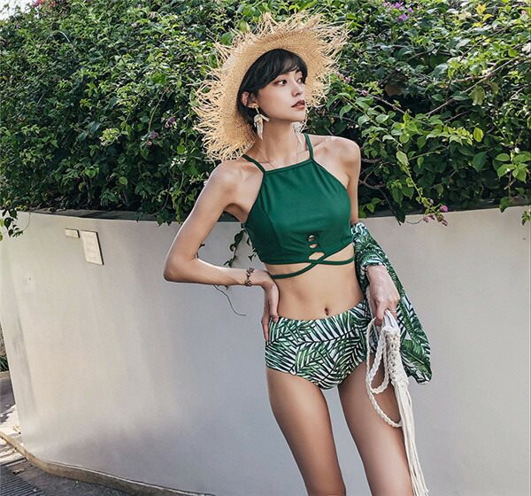 パレオ 緑 ボタニカル ビキニ ハイネック水着 カップル ペアルック 体型カバー 3点セット ハイウエスト 海パン ハーフパンツ スイムショーツ メンズ パッド付 大きいサイズ レディース かわいい