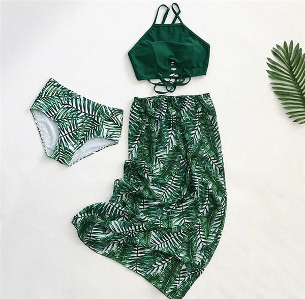 パレオ 緑 ボタニカル ビキニ ハイネック水着 カップル ペアルック 体型カバー 3点セット ハイウエスト 海パン ハーフパンツ スイムショーツ メンズ パッド付 大きいサイズ レディース かわいい