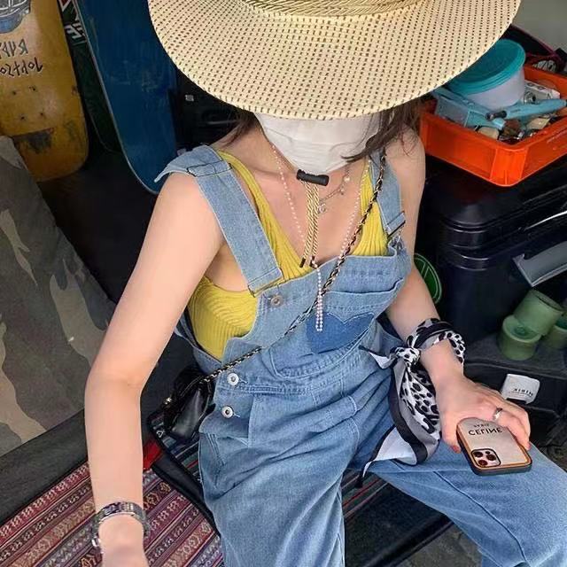 コーデ完成！サロペット 時短コーデ 2025新しいワイドジーンズ女性春ルーズハイウエスト薄い愛のハート刺繍ストレートブバックパックズボン 韓国ファッション