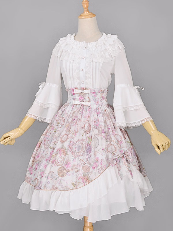 【短納期】ロリィタスカート シフォン プリント柄 カジュアル フリル スウィート 【短納期】ロリィタスカート シフォン プリント柄 カジュアル フリル スウィート