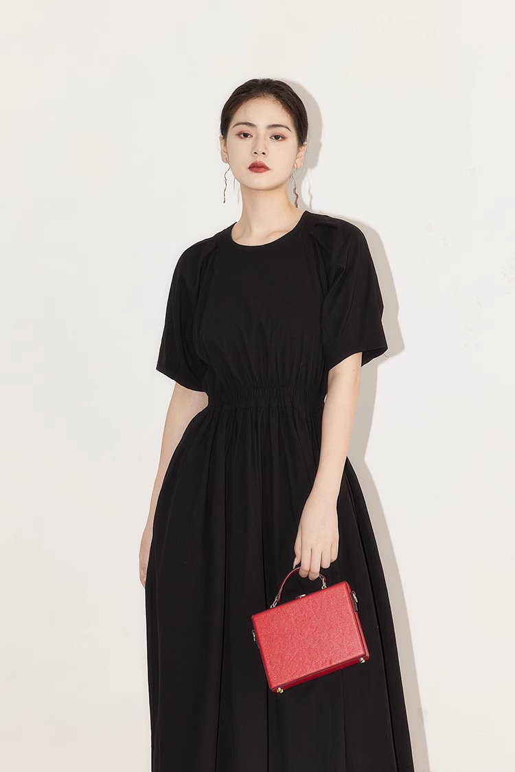 ドレス スリム ウエスト スカート スリム ラウンドネック 半袖 夏 Aライン ロング ドレス ワンピース ロング ロング丈 袖あり 半袖 5分袖 五分袖 パフスリーブ ラウンドネック 襟なし