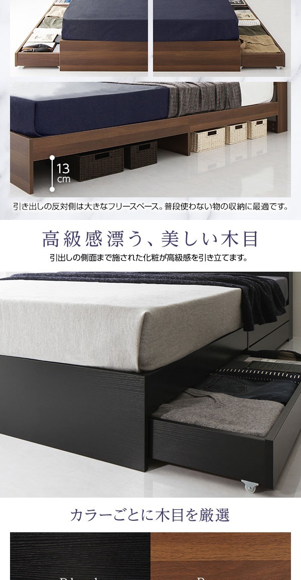 ベッド 収納付き 引き出し付き 木製 棚付き 宮付き コンセント付き シンプル モダン ブラック ダブル ボンネルコイルマットレス付き