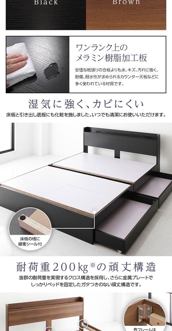 ベッド 収納付き 引き出し付き 木製 棚付き 宮付き コンセント付き シンプル モダン ブラック ダブル ボンネルコイルマットレス付き