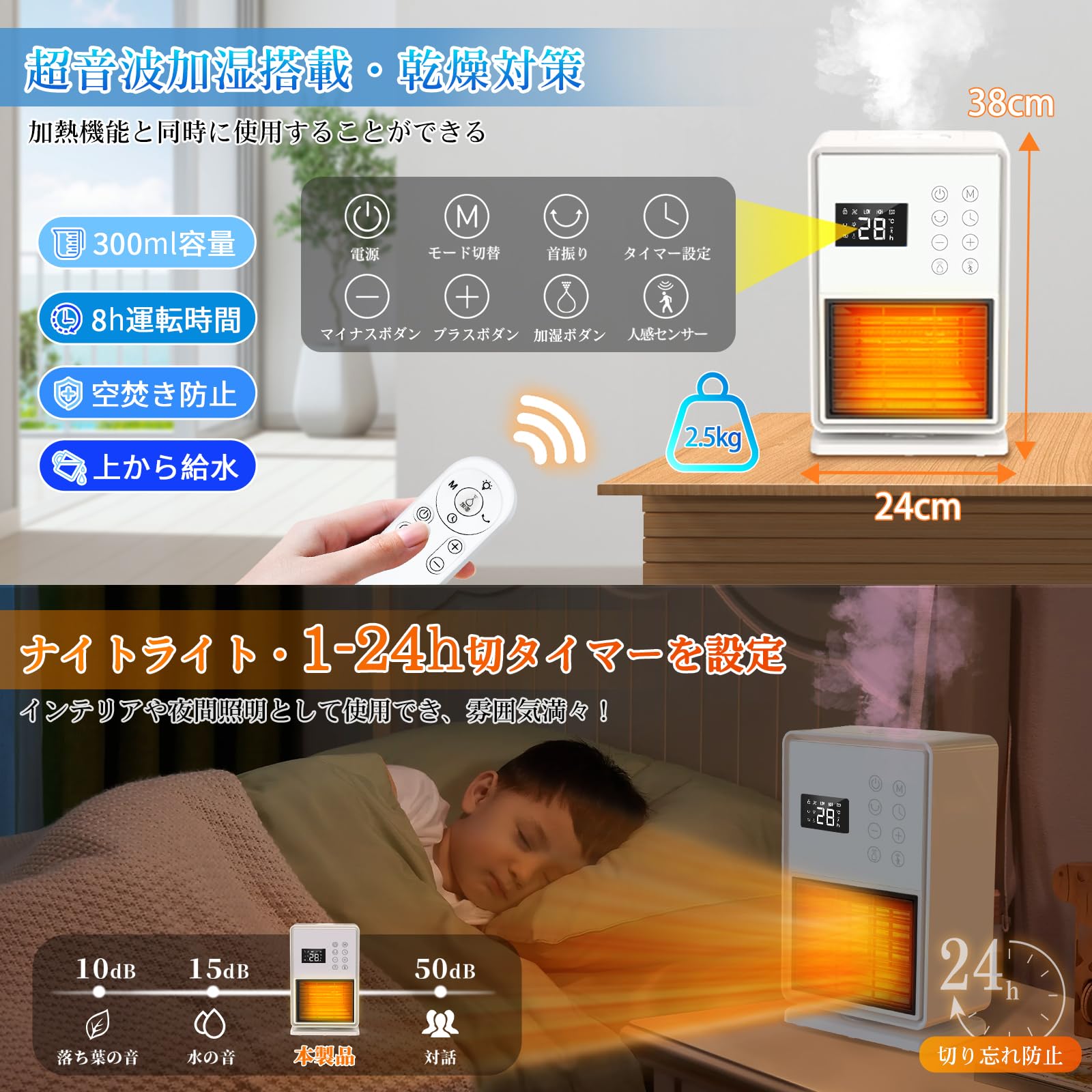 セラミックヒーター【1台4役・ヒーター・超音波加湿・空気清浄・ナイトライト】電気ファンヒーター セラミックファンヒーター 人感センサー付 ECO知能恒温 4段階切替 首振り 即暖 ファンヒーター 暖房