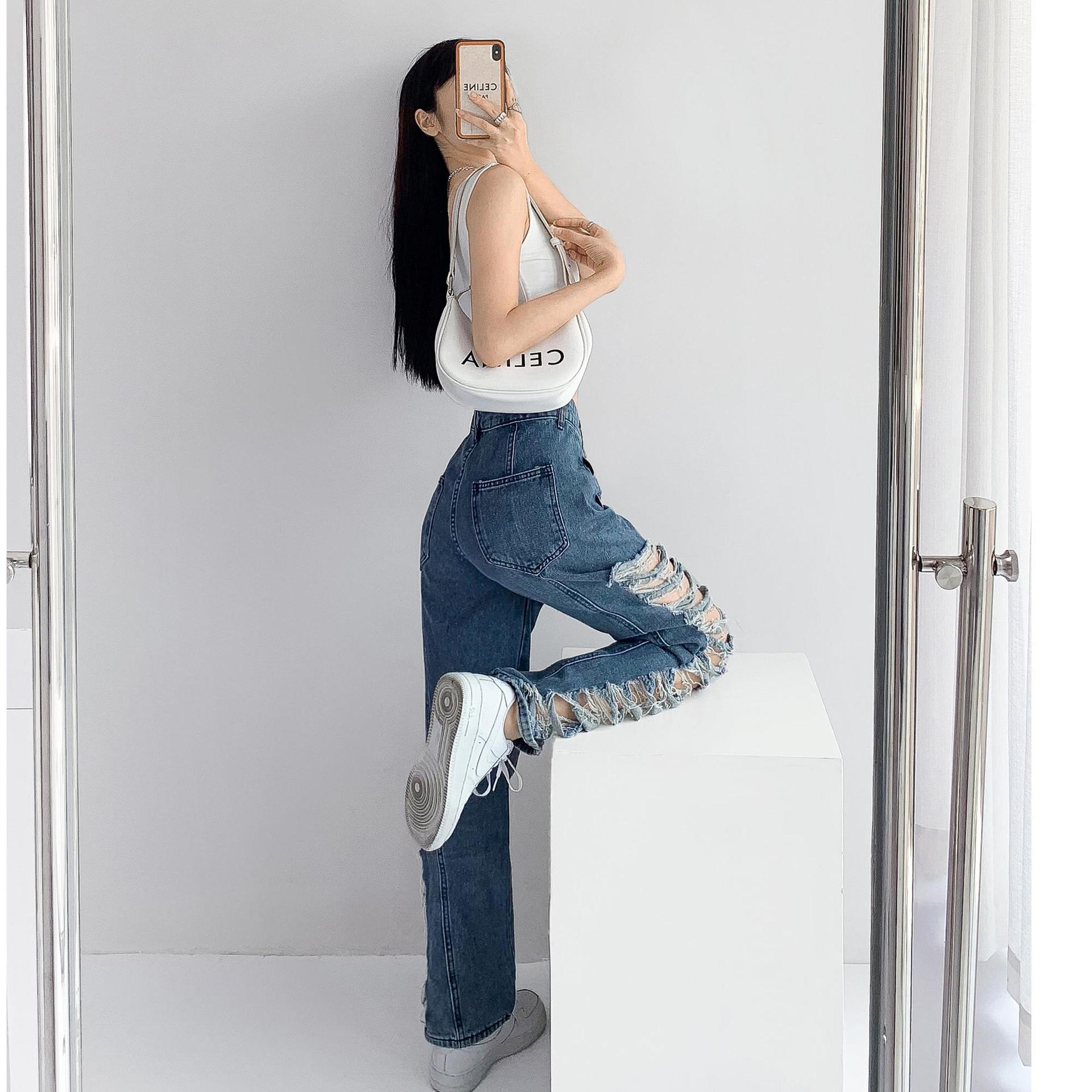 24 韓国ファッション レディース ロングパンツ デニム ダメージ N17