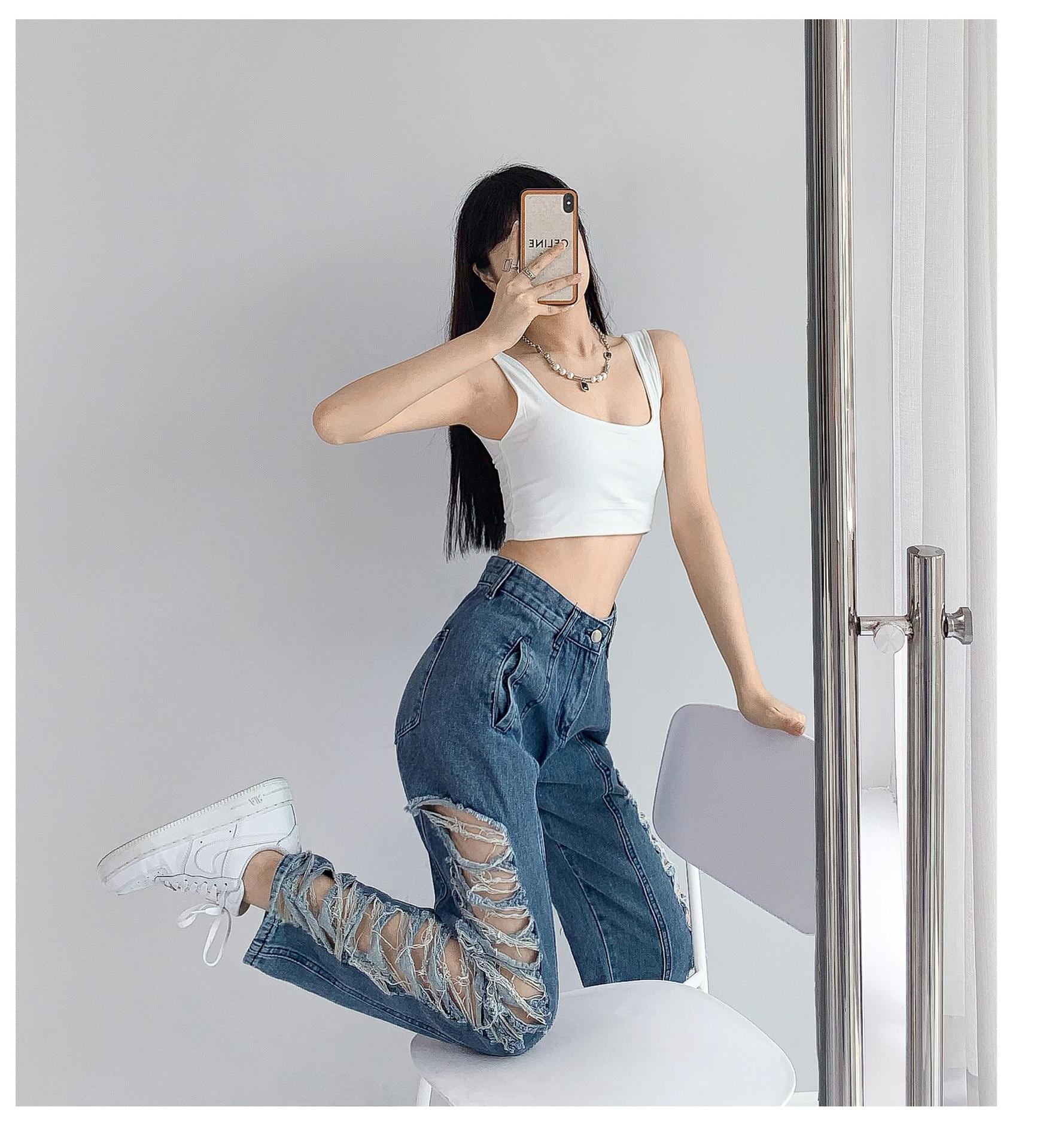 24 韓国ファッション レディース ロングパンツ デニム ダメージ N17