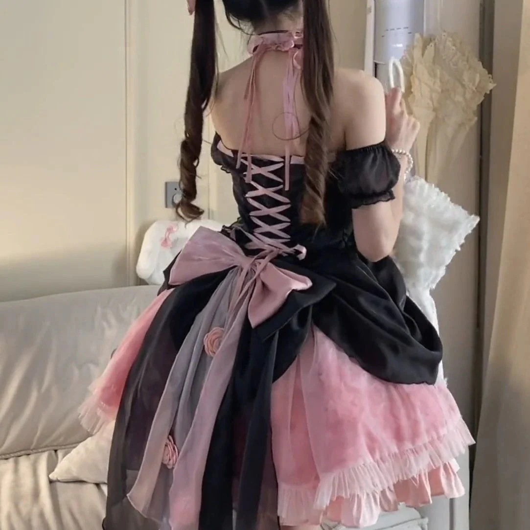 ロリータピンクローズロリータブラックピンク甘辛プリンセス風ウエストボーンスカートロリータ