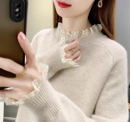 ニットセーター レディース トップス ニット セーター プルオーバー スタンドカラー レース フリル ガーリー 可愛い フェミニン 長袖 シンプル 無地 カジュアル お出かけ おしゃれ きれいめ
