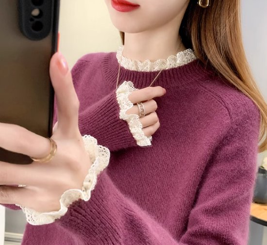 ニットセーター レディース トップス ニット セーター プルオーバー スタンドカラー レース フリル ガーリー 可愛い フェミニン 長袖 シンプル 無地 カジュアル お出かけ おしゃれ きれいめ