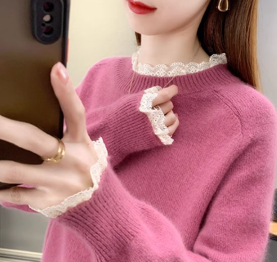 ニットセーター レディース トップス ニット セーター プルオーバー スタンドカラー レース フリル ガーリー 可愛い フェミニン 長袖 シンプル 無地 カジュアル お出かけ おしゃれ きれいめ