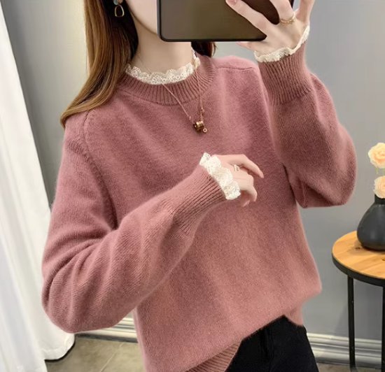 ニットセーター レディース トップス ニット セーター プルオーバー スタンドカラー レース フリル ガーリー 可愛い フェミニン 長袖 シンプル 無地 カジュアル お出かけ おしゃれ きれいめ