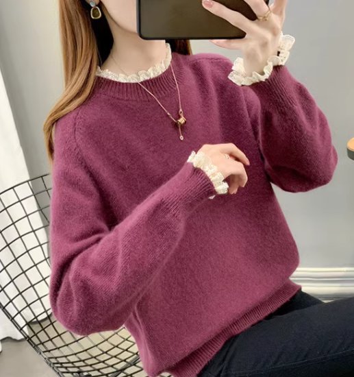 ニットセーター レディース トップス ニット セーター プルオーバー スタンドカラー レース フリル ガーリー 可愛い フェミニン 長袖 シンプル 無地 カジュアル お出かけ おしゃれ きれいめ