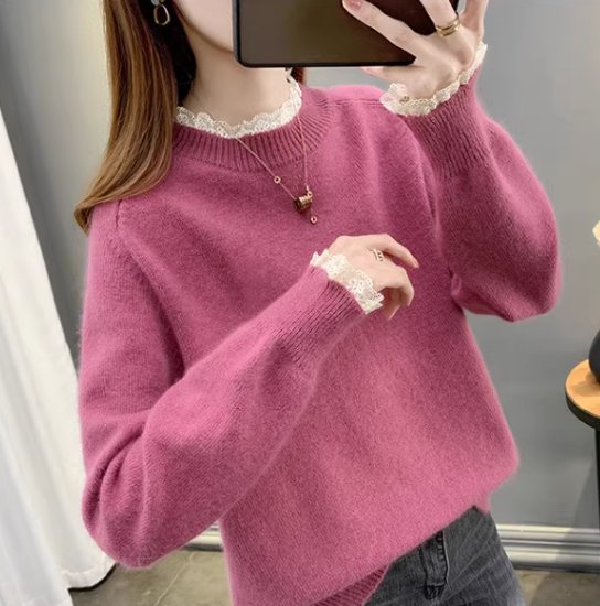 ニットセーター レディース トップス ニット セーター プルオーバー スタンドカラー レース フリル ガーリー 可愛い フェミニン 長袖 シンプル 無地 カジュアル お出かけ おしゃれ きれいめ