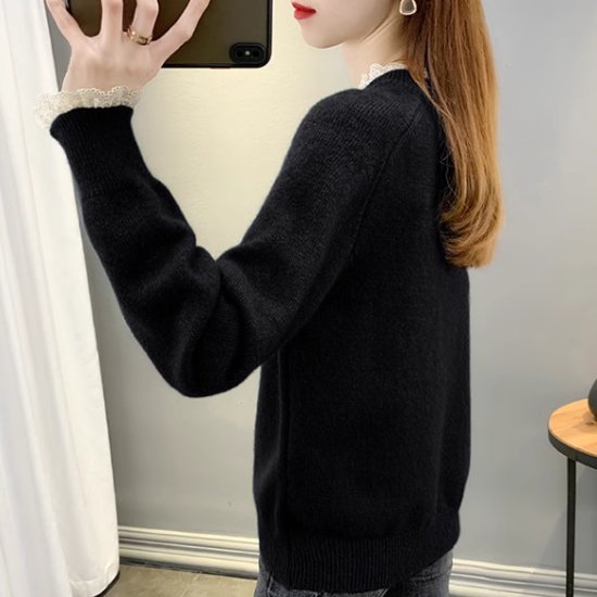 ニットセーター レディース トップス ニット セーター プルオーバー スタンドカラー レース フリル ガーリー 可愛い フェミニン 長袖 シンプル 無地 カジュアル お出かけ おしゃれ きれいめ