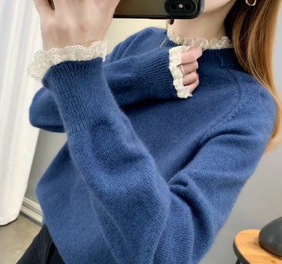 ニットセーター レディース トップス ニット セーター プルオーバー スタンドカラー レース フリル ガーリー 可愛い フェミニン 長袖 シンプル 無地 カジュアル お出かけ おしゃれ きれいめ