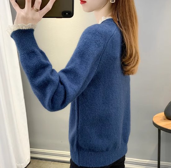 ニットセーター レディース トップス ニット セーター プルオーバー スタンドカラー レース フリル ガーリー 可愛い フェミニン 長袖 シンプル 無地 カジュアル お出かけ おしゃれ きれいめ