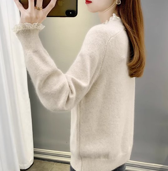 ニットセーター レディース トップス ニット セーター プルオーバー スタンドカラー レース フリル ガーリー 可愛い フェミニン 長袖 シンプル 無地 カジュアル お出かけ おしゃれ きれいめ