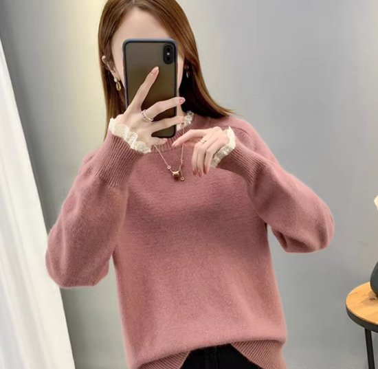 ニットセーター レディース トップス ニット セーター プルオーバー スタンドカラー レース フリル ガーリー 可愛い フェミニン 長袖 シンプル 無地 カジュアル お出かけ おしゃれ きれいめ
