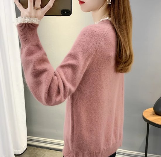 ニットセーター レディース トップス ニット セーター プルオーバー スタンドカラー レース フリル ガーリー 可愛い フェミニン 長袖 シンプル 無地 カジュアル お出かけ おしゃれ きれいめ