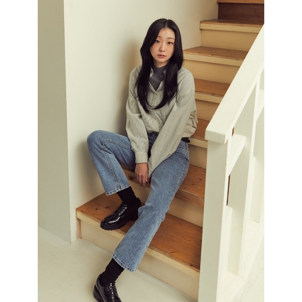 DEPOUND Vネックカラーシャツ グレーストライプ