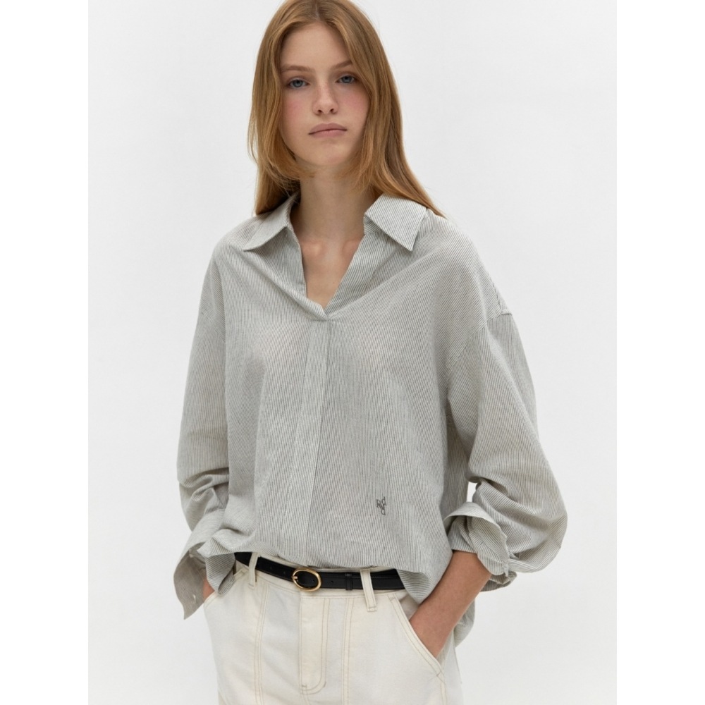 DEPOUND Vネックカラーシャツ グレーストライプ