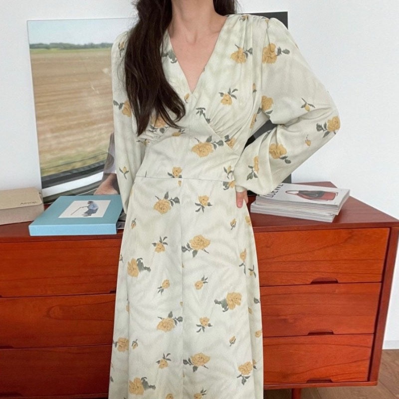 3色 ワンピース 長袖 春 秋 きれいめ ロング aライン Aライン フレア ミモレ丈 ロング丈 Vネック 深 Vネック カシュクール フレア スリム 細身 ハイウエスト 青 ブルー 黄色 イエロー