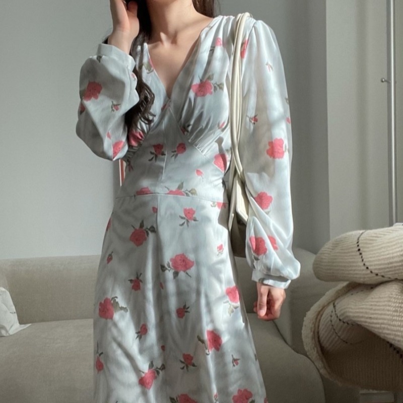 3色 ワンピース 長袖 春 秋 きれいめ ロング aライン Aライン フレア ミモレ丈 ロング丈 Vネック 深 Vネック カシュクール フレア スリム 細身 ハイウエスト 青 ブルー 黄色 イエロー