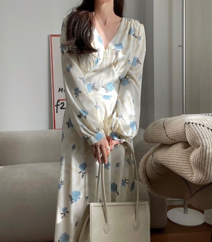 3色 ワンピース 長袖 春 秋 きれいめ ロング aライン Aライン フレア ミモレ丈 ロング丈 Vネック 深 Vネック カシュクール フレア スリム 細身 ハイウエスト 青 ブルー 黄色 イエロー