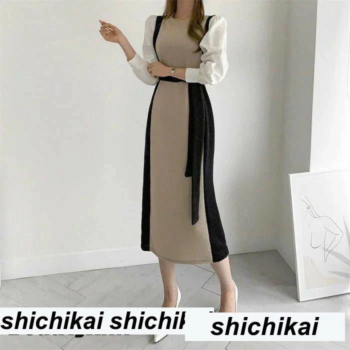 新生活 ワンピース ロング レディース ニット きれいめ 秋冬 エレガント ドッキング おしゃれ 女性らしい 大人 春 秋 冬 長袖 マキシ デーリー デート パーティー OL 秋 春 冬 秋物 冬物