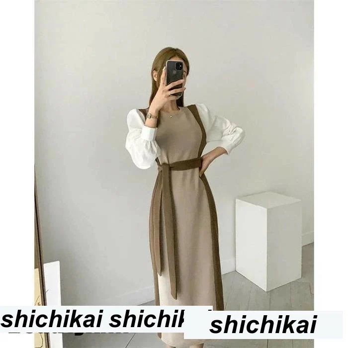 新生活 ワンピース ロング レディース ニット きれいめ 秋冬 エレガント ドッキング おしゃれ 女性らしい 大人 春 秋 冬 長袖 マキシ デーリー デート パーティー OL 秋 春 冬 秋物 冬物