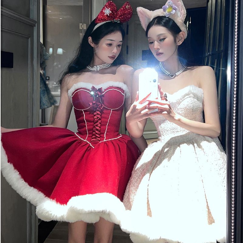 【♡】「クリスマス限定」プリンセス風のフリルスカート 赤いビスチェドレス 迅速な3日以内の出荷ロリータドレスクリスマス新年戦争ドレス