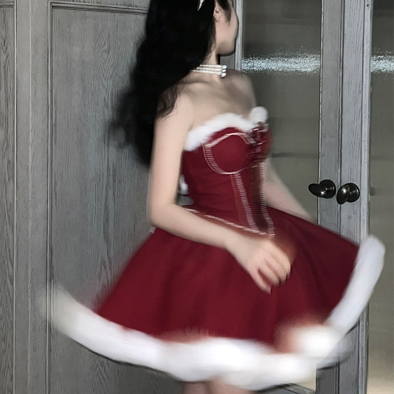 【♡】「クリスマス限定」プリンセス風のフリルスカート 赤いビスチェドレス 迅速な3日以内の出荷ロリータドレスクリスマス新年戦争ドレス