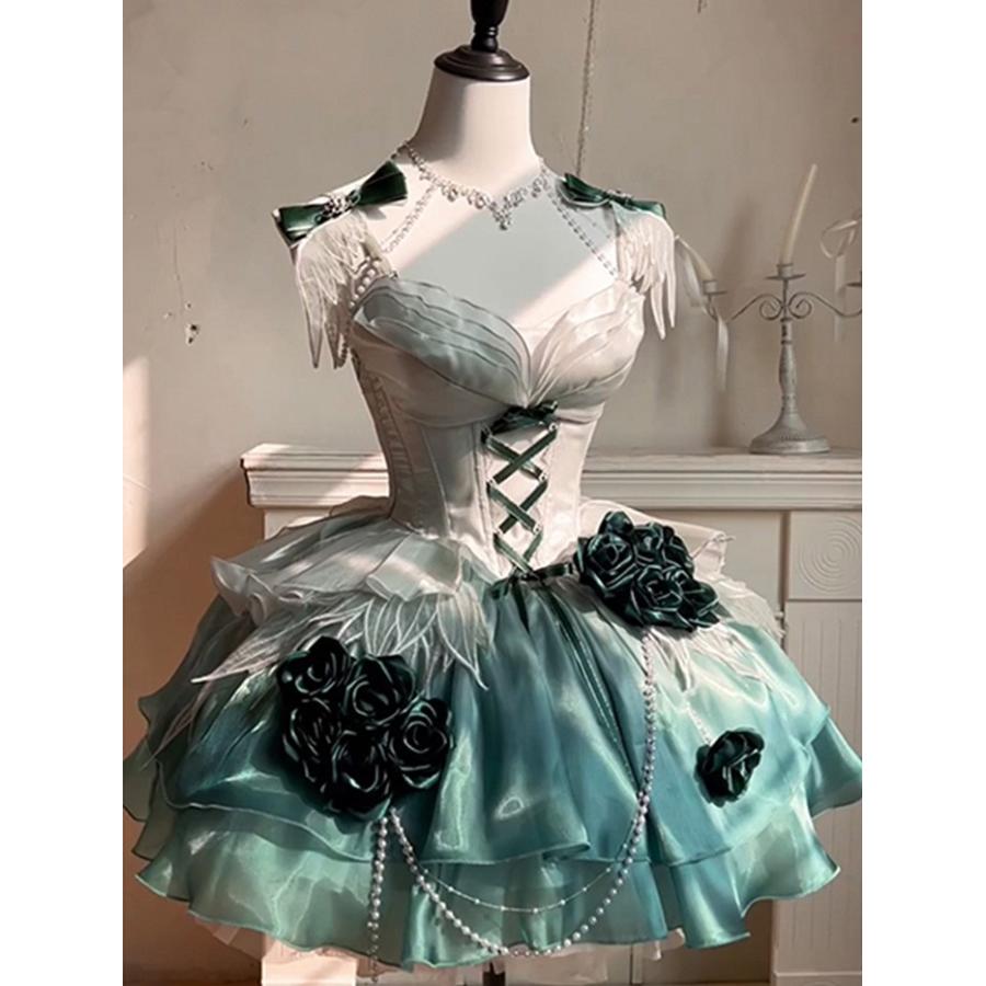 (WJ Fashion)ワンピース ロリータ Lolita アンバーグリーン パフスカート S M L XL おしゃれ コスプレ お嬢様 パーティー プレゼント イブニングドレス