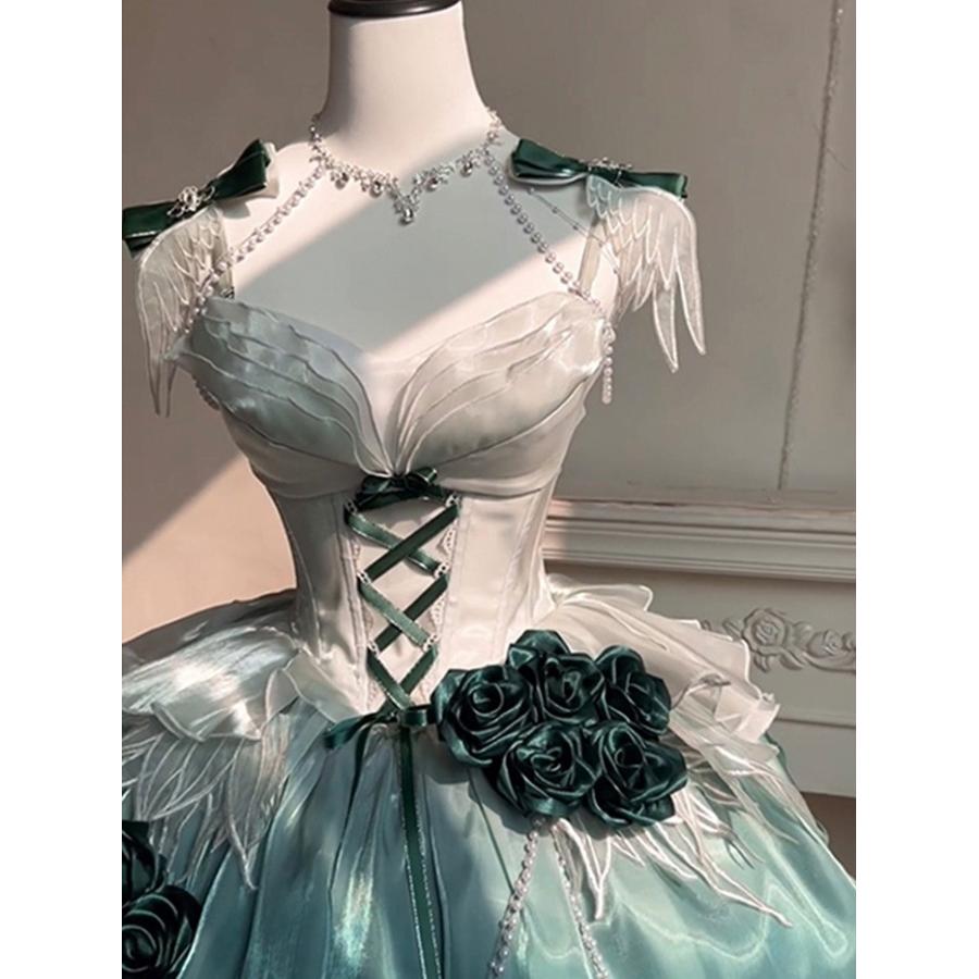 (WJ Fashion)ワンピース ロリータ Lolita アンバーグリーン パフスカート S M L XL おしゃれ コスプレ お嬢様 パーティー プレゼント イブニングドレス