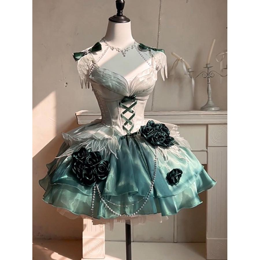 (WJ Fashion)ワンピース ロリータ Lolita アンバーグリーン パフスカート S M L XL おしゃれ コスプレ お嬢様 パーティー プレゼント イブニングドレス
