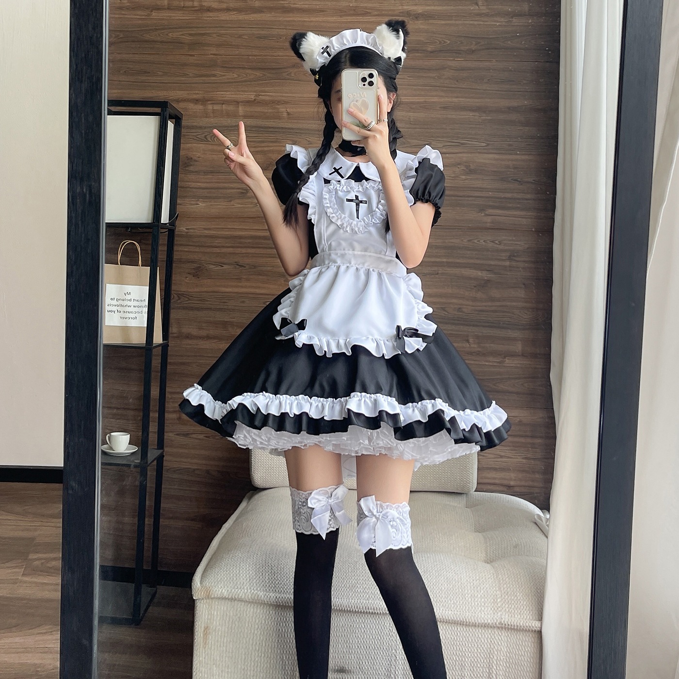 新作にゃんこくクラシック半袖メイド可爱い日韩メイドコスプレ女装メイド服ワンピース