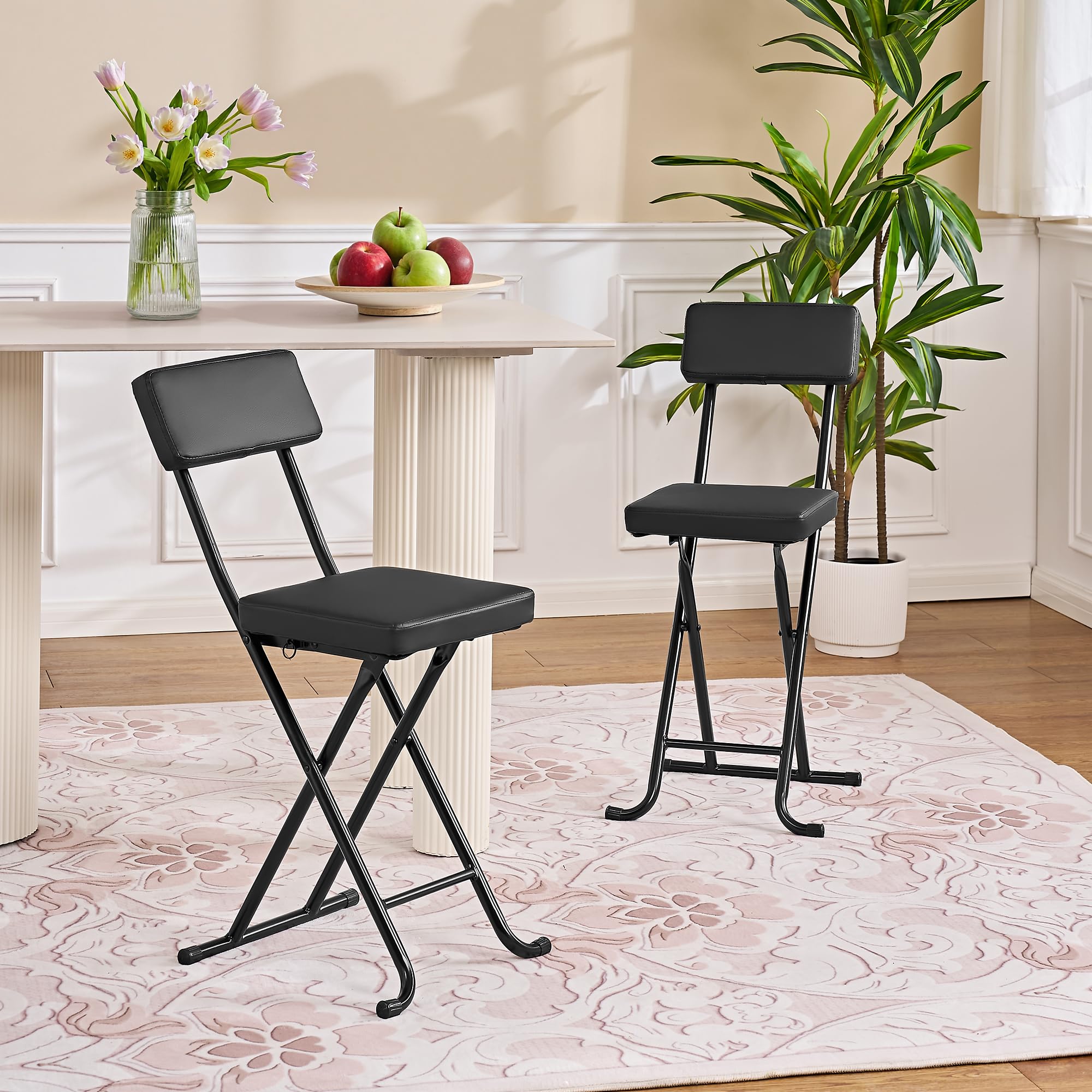 VECELO 折りたたみチェア ファブリック パイプ椅子 [2脚セット] 四角 方形 折り畳み 背もたれ 軽量 持ち運び 完成品 組立不要 座面高48cm 耐荷重100kg ブラック
