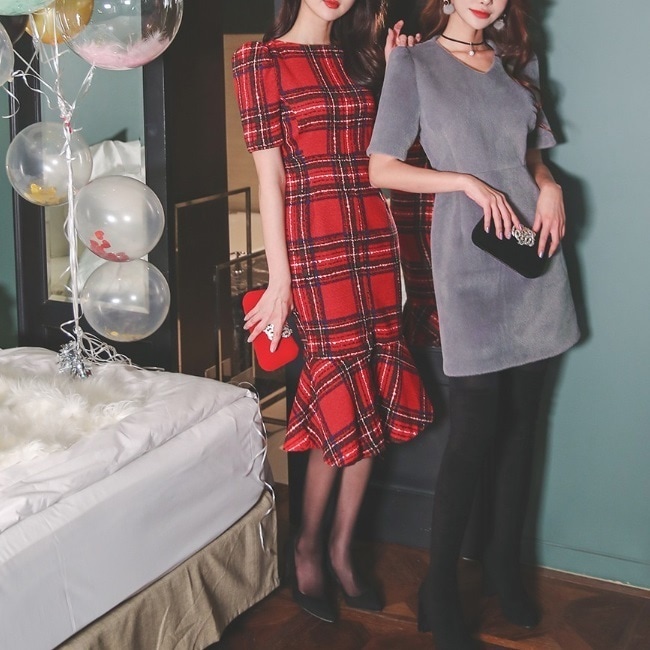 チェックワンピース マーメイドフリル 半袖 パーティードレス