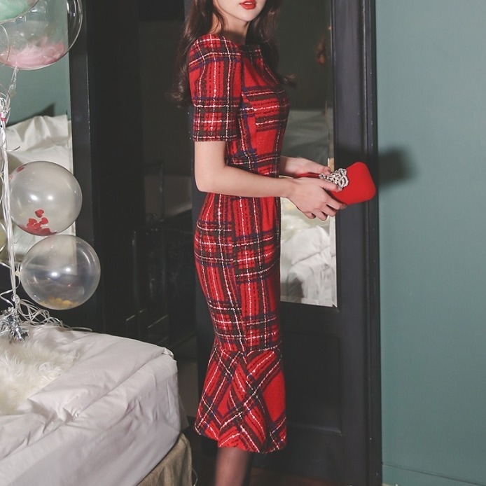 チェックワンピース マーメイドフリル 半袖 パーティードレス
