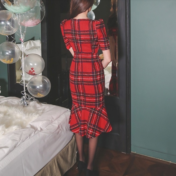 チェックワンピース マーメイドフリル 半袖 パーティードレス