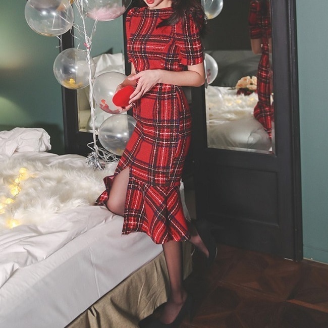 チェックワンピース マーメイドフリル 半袖 パーティードレス