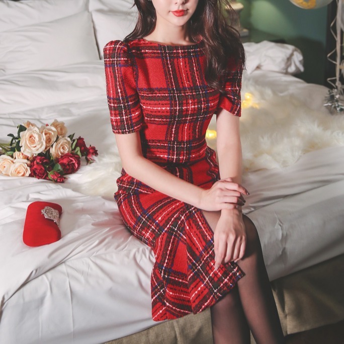 チェックワンピース マーメイドフリル 半袖 パーティードレス