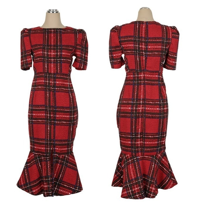 チェックワンピース マーメイドフリル 半袖 パーティードレス