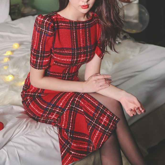 チェックワンピース マーメイドフリル 半袖 パーティードレス