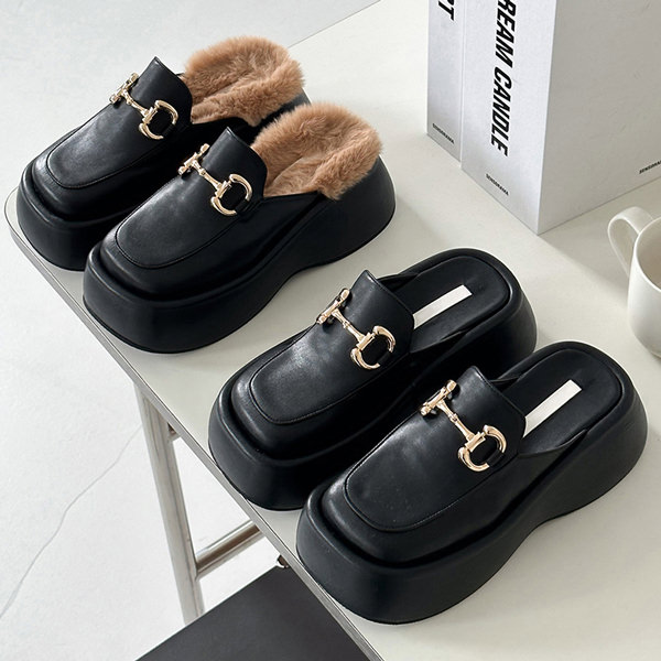 ローファー サンダル ビットモチーフ 厚底 ウェッジソール フラット レディース 黒 ブラック ファー モコモコ おじ靴 革靴 オックスフォード 靴 婦人靴 韓国