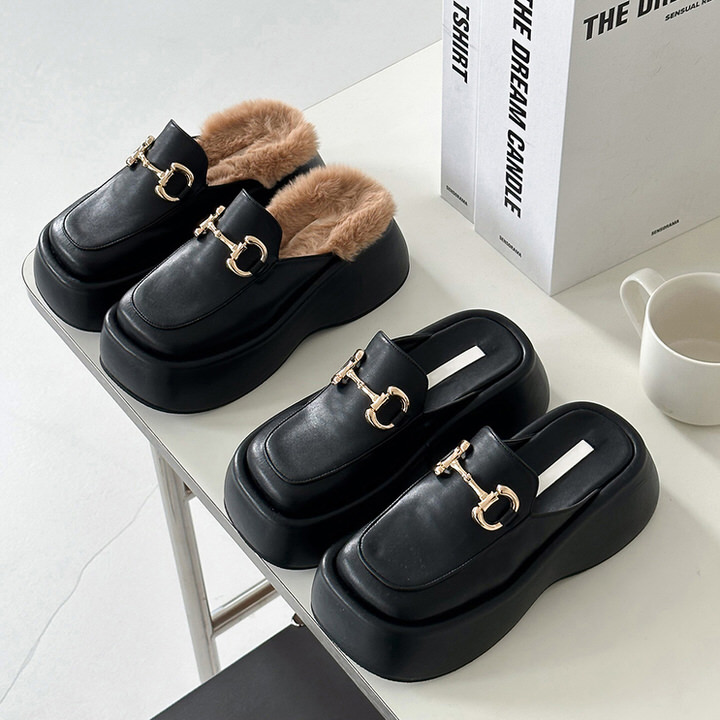 ローファー サンダル ビットモチーフ 厚底 ウェッジソール フラット レディース 黒 ブラック ファー モコモコ おじ靴 革靴 オックスフォード 靴 婦人靴 韓国